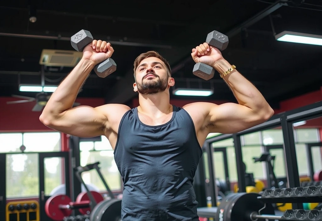 A man lifting weights in a gym, demonstrating strength and fitness, with focus on active lifestyle. Dynamic lighting. No text.