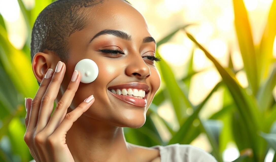 A woman applying a natural skincare product to her face, with a glow and fresh complexion.